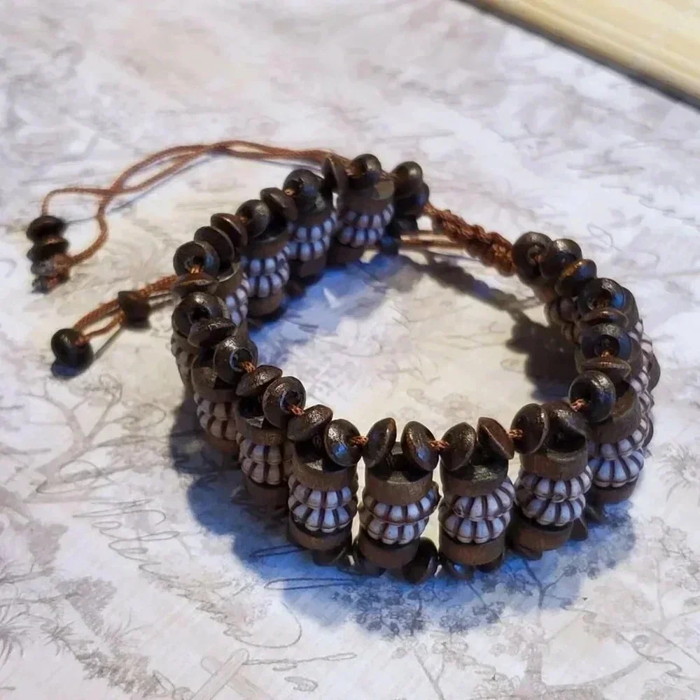 90s Y2K Vintage Brown Wood Acrylic Rondelle Beads OSFA Adjustable Bracelet